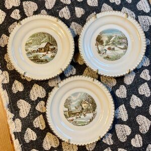 Vintage Homer Laughlin Currier & Ives Plates Set of 3 Gold Trim